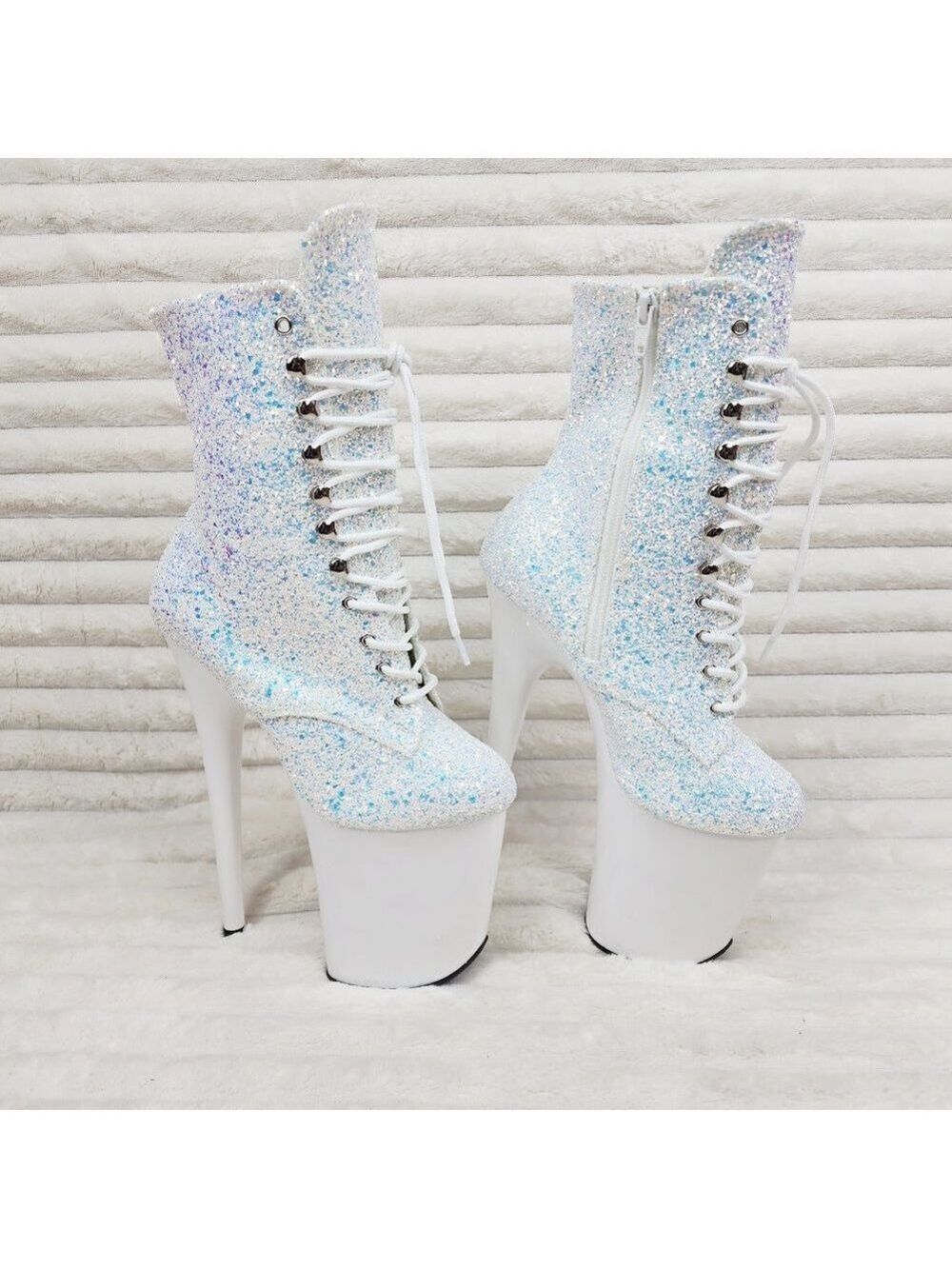 White Ice UV Glitter 8" Platform Heel Ankle Boots Flamingo - Picture 3 of 12
